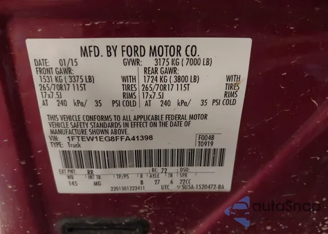 2015 Ford F-150 Xlt из США, поврежденный, VIN 1FTEW1EG8FFA41398